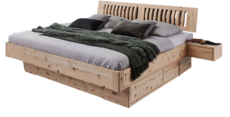 Modernes Zirbenbett mit Stauraum, Sprossenkopfteil und integriertem Bettkasten