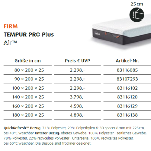 TEMPUR MATRATZE PRO PLUS AIR FIRM Preise im LIEGESTUDIO SONNLEITNER